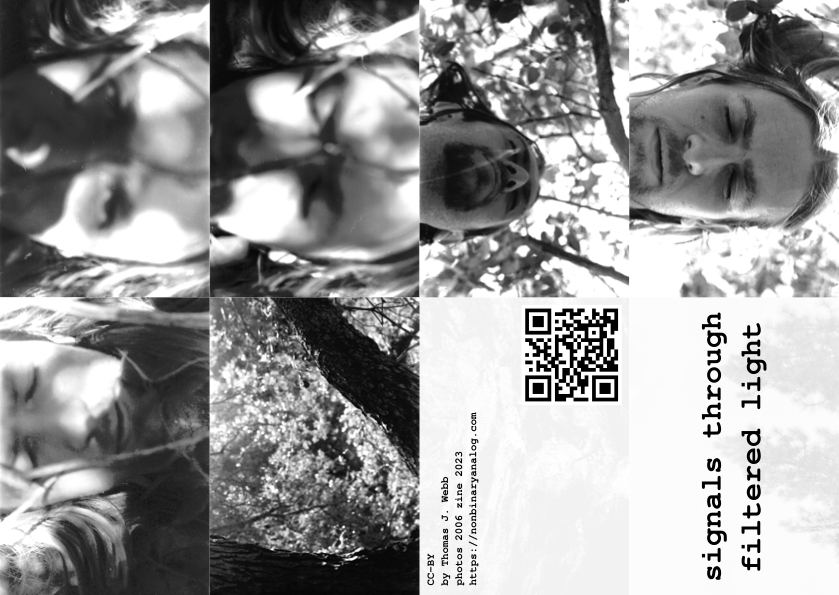 An 8-panel 1-page zine that can be printed with most panels being photos of oak trees (canyon oak) and/or a person with a goatee (me). All the photos are black and white. There is also a panel with the title "signals through filtered light" in typewriter text and another panel for the back, containing a qr code and the text: CC-BY by Thomas J. Webb photos 2006 zine 2023 https://nonbinaryanalog.com