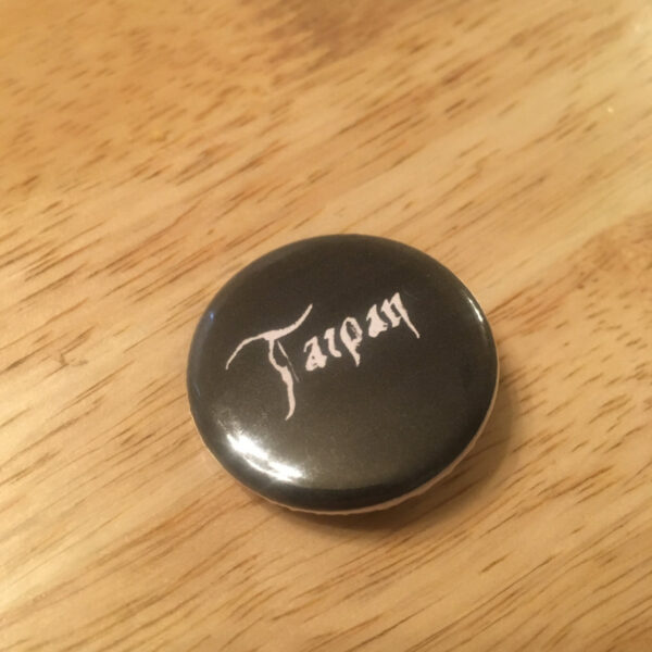 Button with black background and calligraphic Tarpan logo in white